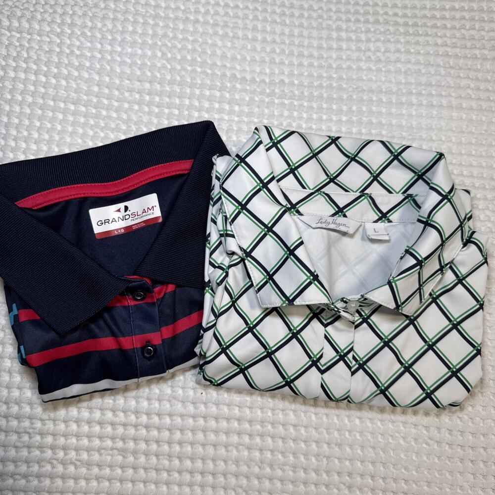 Womens Large Sleeveless Golf Polo Shirts Lot of 2 Plaid Stripe Athletic Stretch - Picture 15 of 15